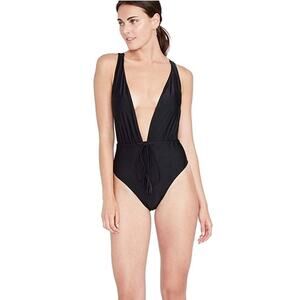 Rachel Roy black plunge cross back tie waist one piece swimsuit sz XS